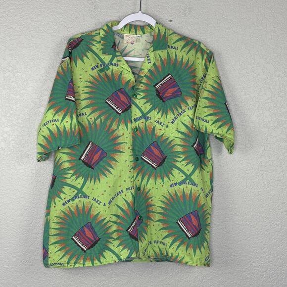 Vtg 90s Men’s New Orleans Jazz Fest Button Up Shirt Accordions Size L - Picture 1 of 4